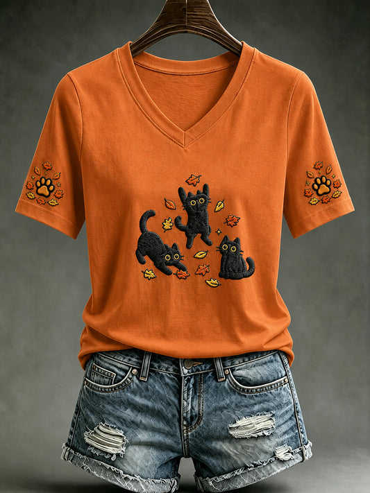 Women's Autumn Cute Cat Maple Leaf Pumpkin Short Sleeve T-shirt