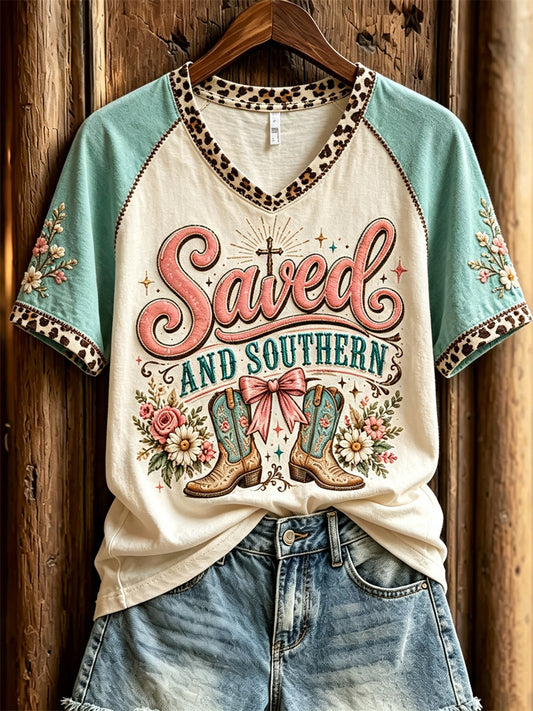 Women's Saved and Southern Western Boots & Cross Floral Print short sleeve T-shirt