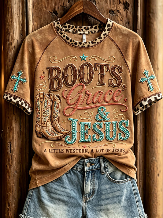 Women's Boots Grace & Jesus Western Boots & Cross Print short sleeve T-shirt
