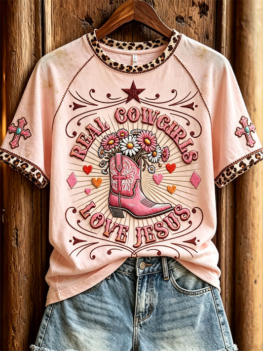 Women's Real Cowgirls Love Jesus Western Boots & Cross Print short sleeve T-shirt