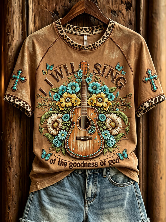 Women's I Will Sing of the Goodness of God Western Guitar Floral Print short sleeve T-shirt