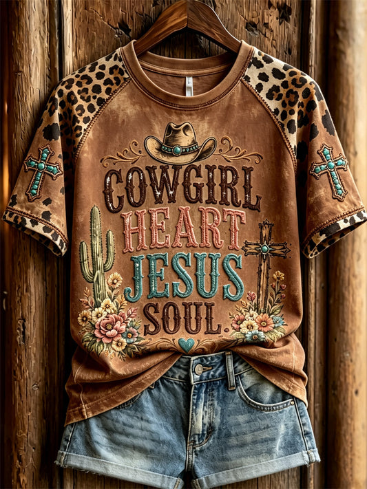 Women's Cowgirl Heart Jesus Soul Western Cross Print short sleeve T-shirt