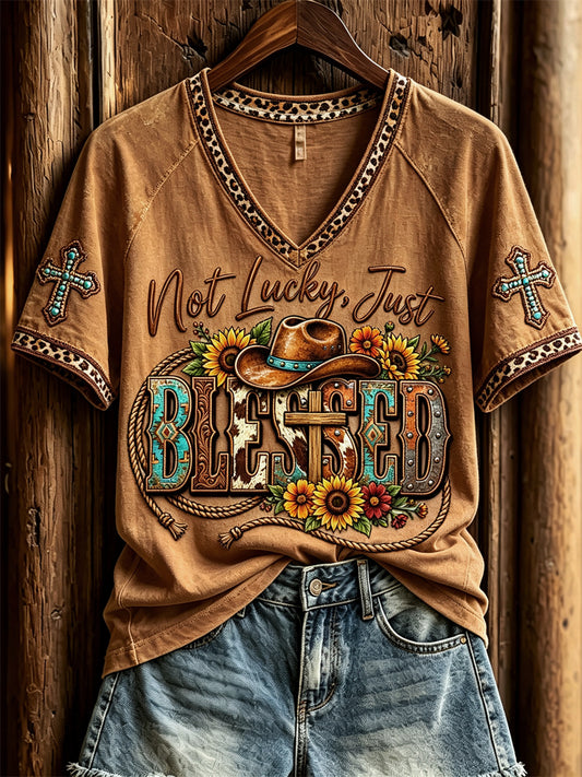Women's Not Lucky Just Blessed Western Cross Print short sleeve T-shirt