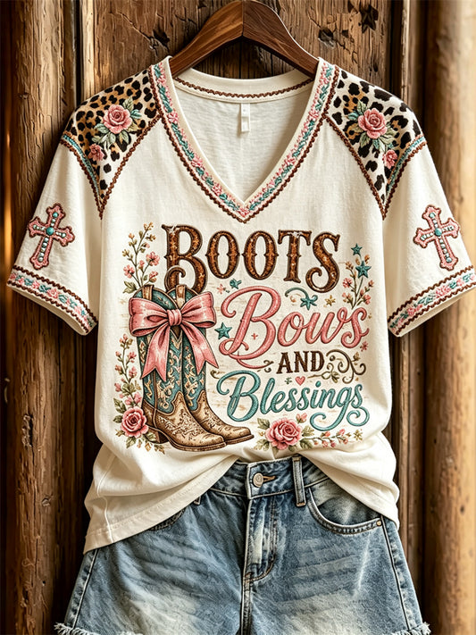Women's Boots Bows & Blessings Western Boots & Cross Print short sleeve T-shirt