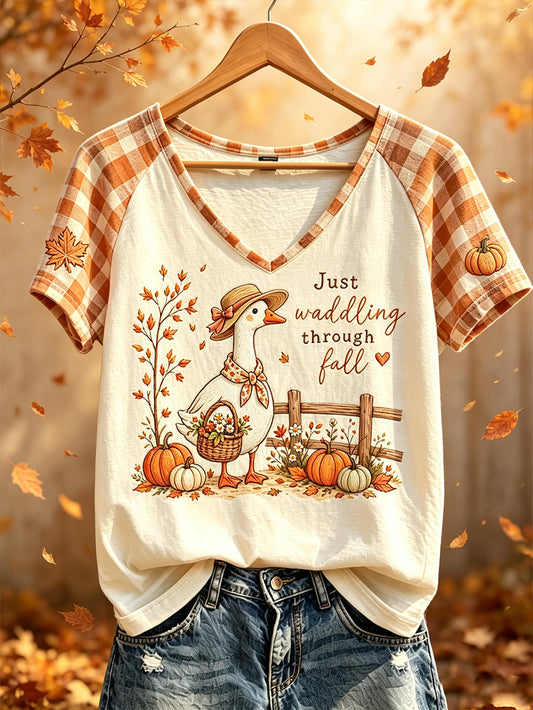 Women's autumn element printed casual V-neck short-sleeved T-shirt