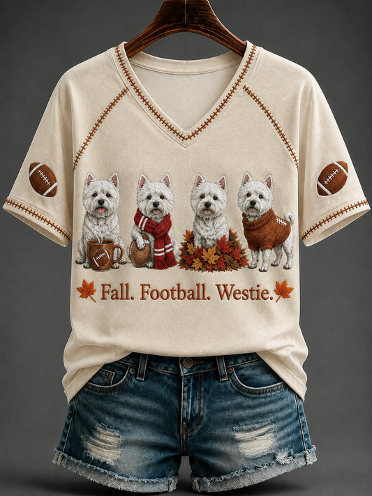 Women's Fall Football Westie V-neck Off-shoulder Short-sleeved T-shirt