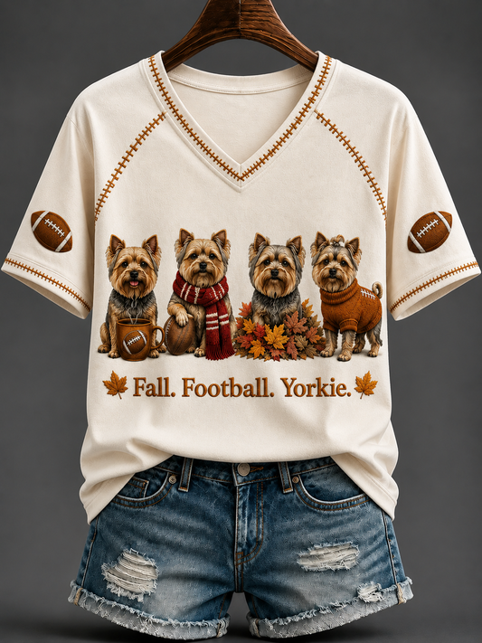 Women's Fall Football Yorkie V-neck Off-shoulder Short-sleeved T-shirt