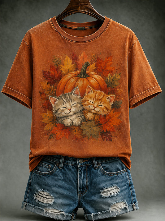 Women's Autumn Cute Cat Maple Leaf Pumpkin Short Sleeve T-shirt