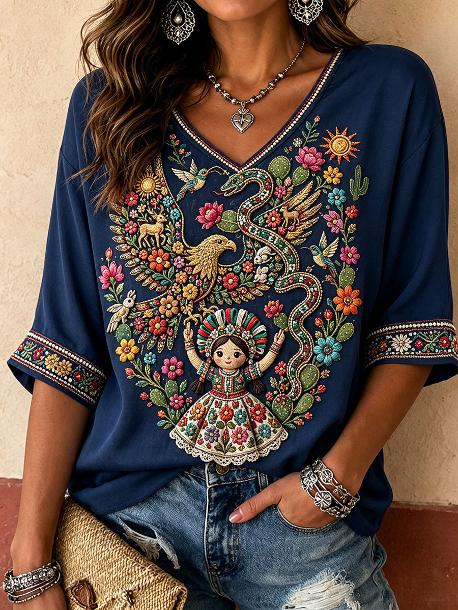Women's Mexico Lele Doll Otomí Art Printed Linen T-shirt