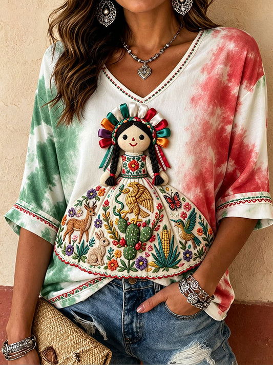 Women's Mexico Lele Doll Otomí Art Printed Linen T-shirt
