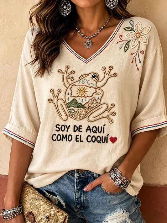 Women's Puerto Rico Art Printed Linen T-shirt