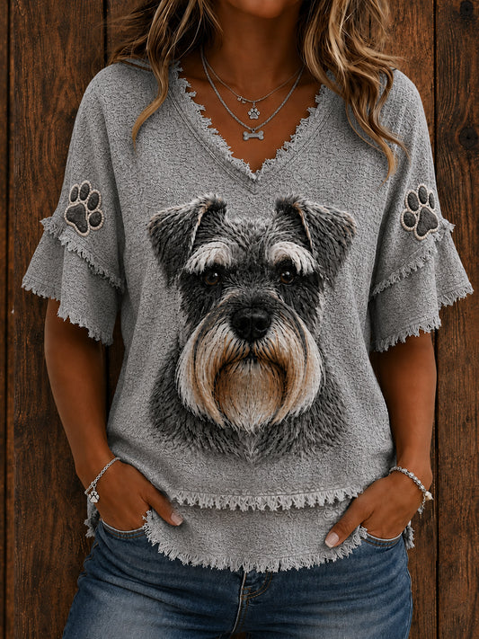 Women's Cute Miniature Schnauzer Art Cotton-Linen Shirt