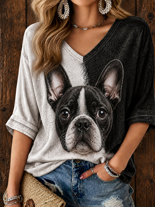 Women's Cute Boston Terrier Art Mid-length Sleeves V-Neck T-Shirt