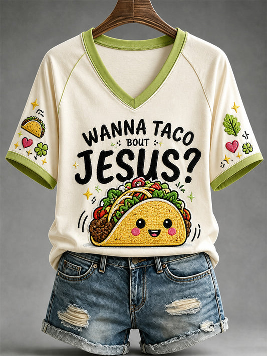 Women's Wanna Taco Bout Jesus Lettuce Pray Print Casual V-Neck Tee