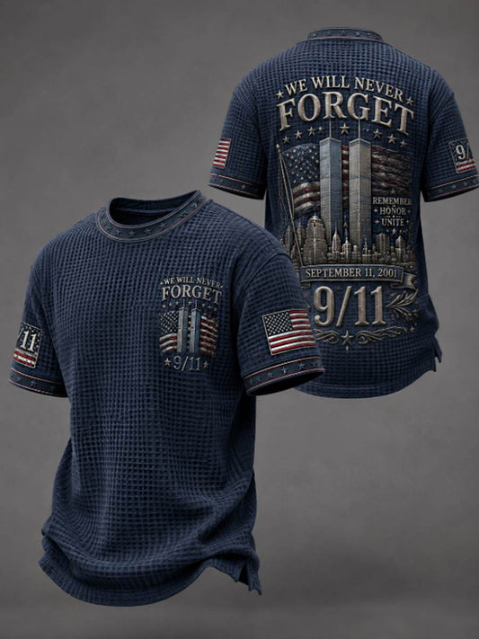 Men's WE WILL NEVER FORGET 9/11 25 YEARS 2001-2026 Waffle  Tee