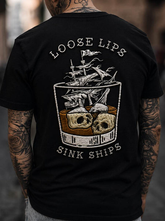 Men's LOOSE LIPS SINK SHIPS Skulls Ship in the Water Graphic t-shirt