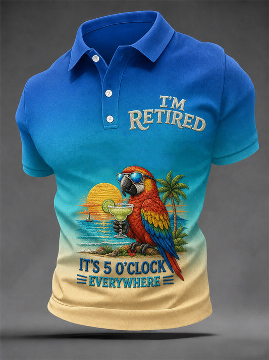 Men's I'm Retired It's 5 O'clock Everywhere Parrot Print Casual Polo