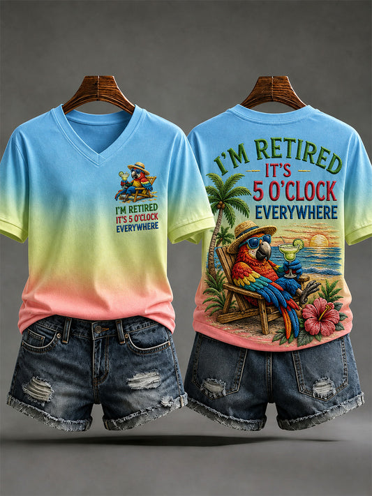 Women's I'm Retired It's 5 O'clock Everywhere Parrot Print Casual V-Neck Tee