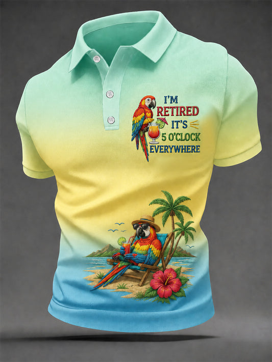 Men's I'm Retired It's 5 O'clock Everywhere Parrot Print Casual Polo