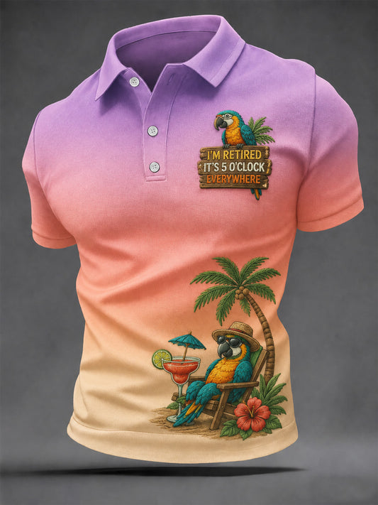 Men's I'm Retired It's 5 O'clock Everywhere Parrot Print Casual Polo