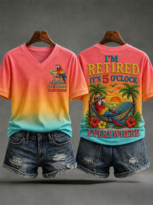 Women's I'm Retired It's 5 O'clock Everywhere Parrot Print Casual V-Neck Tee