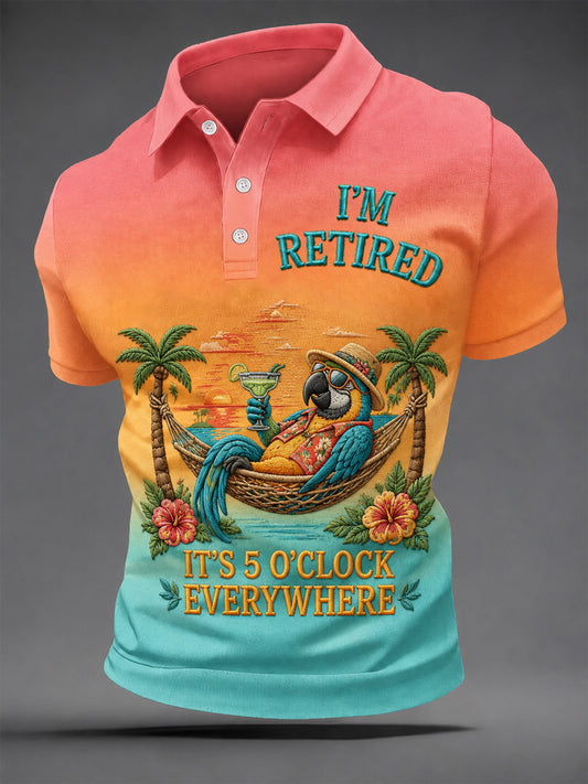 Men's I'm Retired It's 5 O'clock Everywhere Parrot Print Casual Polo