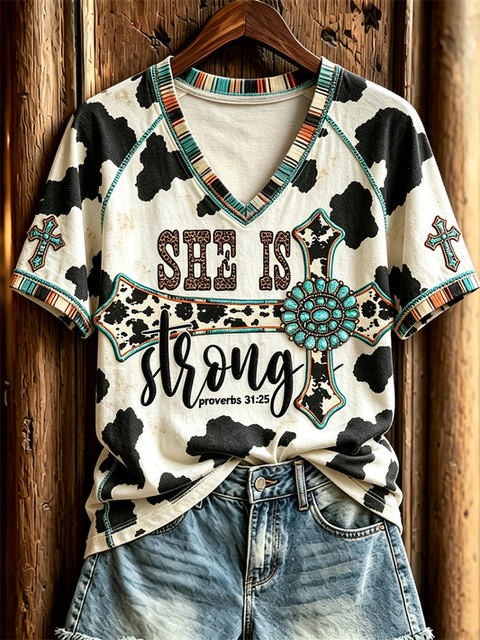 Women's She Is Strong Turquoise Cowhide Cross Western Print short-sleeved T-shirt