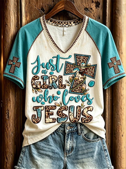 Women's Just A Girl Who Loves Jesus Leopard Cross Print short-sleeved T-shirt