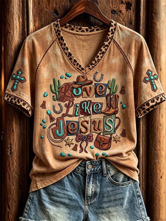 Women's Love Like Jesus Western Elements Leopard Print short-sleeved T-shirt