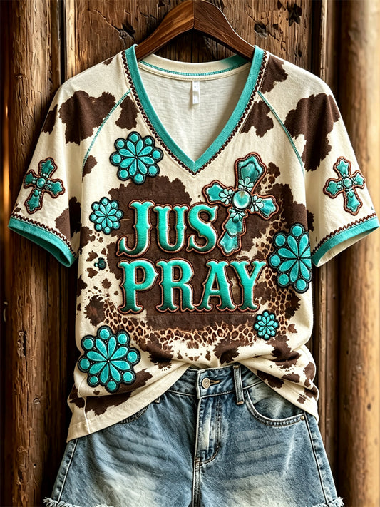 Women's Just Pray Turquoise Cross Cowhide Print short-sleeved T-shirt