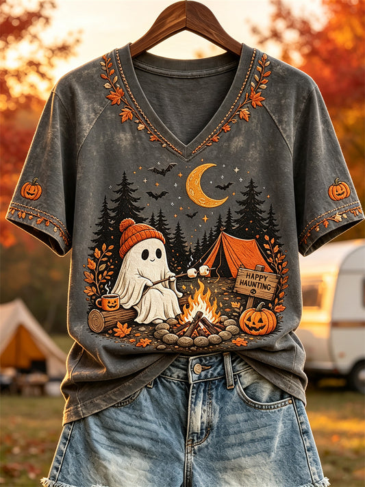 Women's Halloween Night Ghost Fall Camping Print short sleeve T-shirt