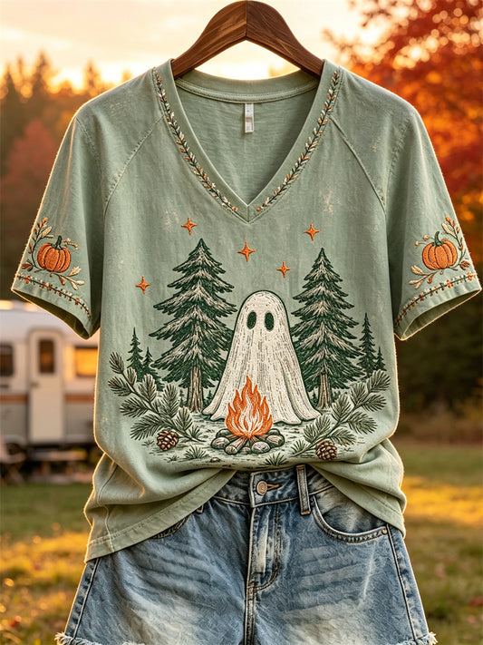 Women's Forest Campfire Ghost Fall Camping Print short sleeve T-shirt