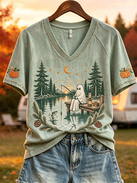 Women's Fishing Ghost Fall Camping Print short sleeve T-shirt