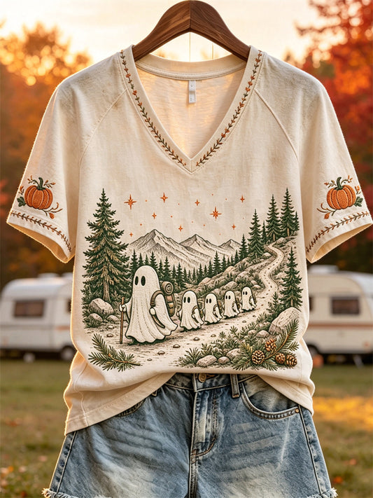Women's Outdoor Adventures Ghosts Fall Camping Print short sleeve T-shirt