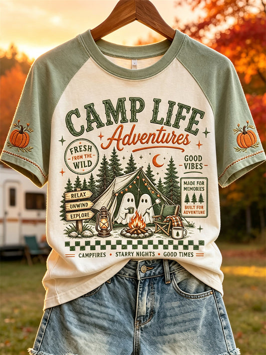 Women's Camp Life Adventures Ghosts Fall Camping Print short sleeve T-shirt