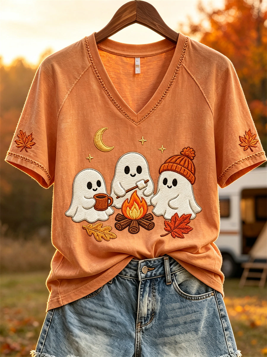 Women's Cozy Campfire Ghosts Fall Camping Print short sleeve T-shirt