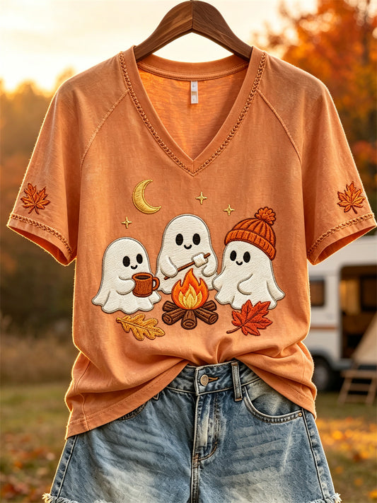 Women's Cozy Campfire Ghosts Fall Camping Print short sleeve T-shirt