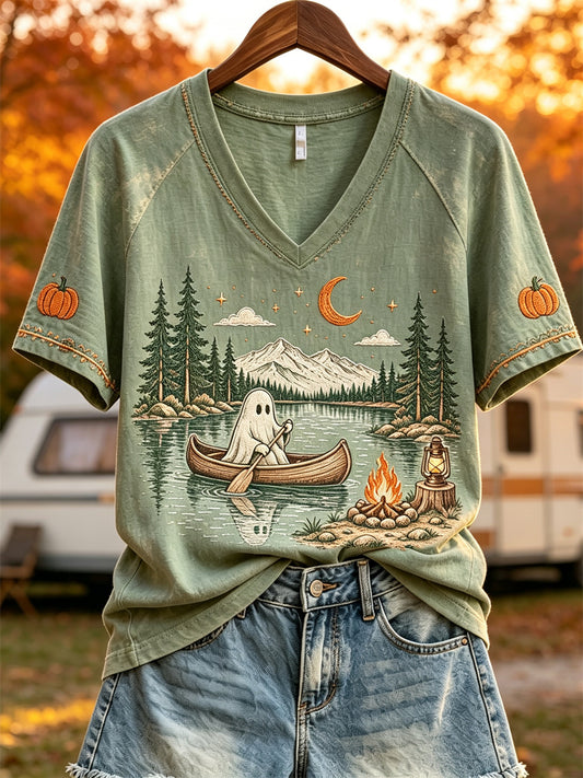 Women's Boating Ghost Fall Camping Print short sleeve T-shirt