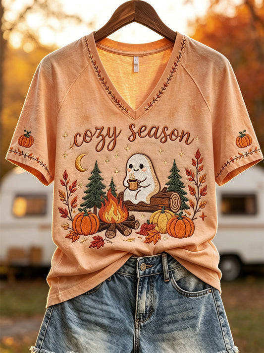 Women's Cozy Season Ghost Fall Camping Print short sleeve T-shirt