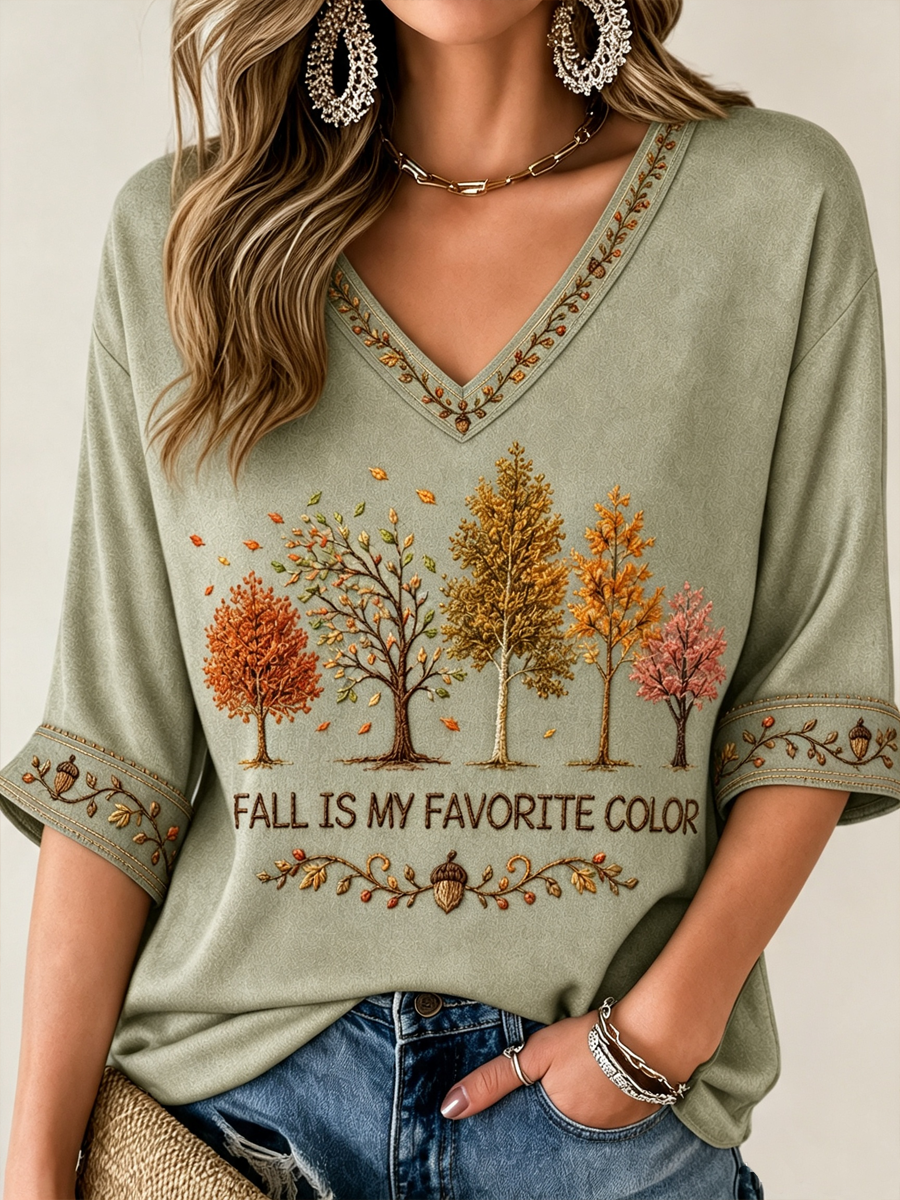 Women's Fall Is My Favorite Color Mid-length Sleeves V-Neck T-Shirt