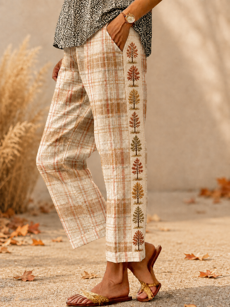 Women's Fall Printed cotton linen nine-minute trousers