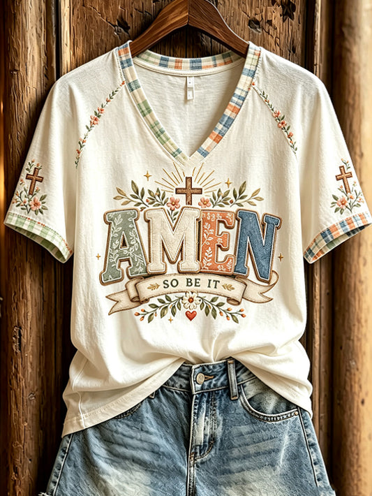 Women's faith-themed fun slogan pattern printed casual short-sleeve T-shirt