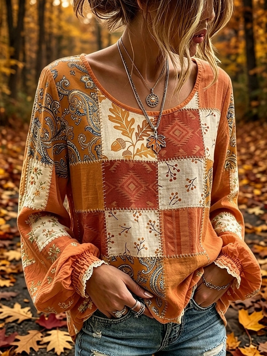 Women's Vintage Fall Floral Patchwork Print Cotton-Linen Shirt