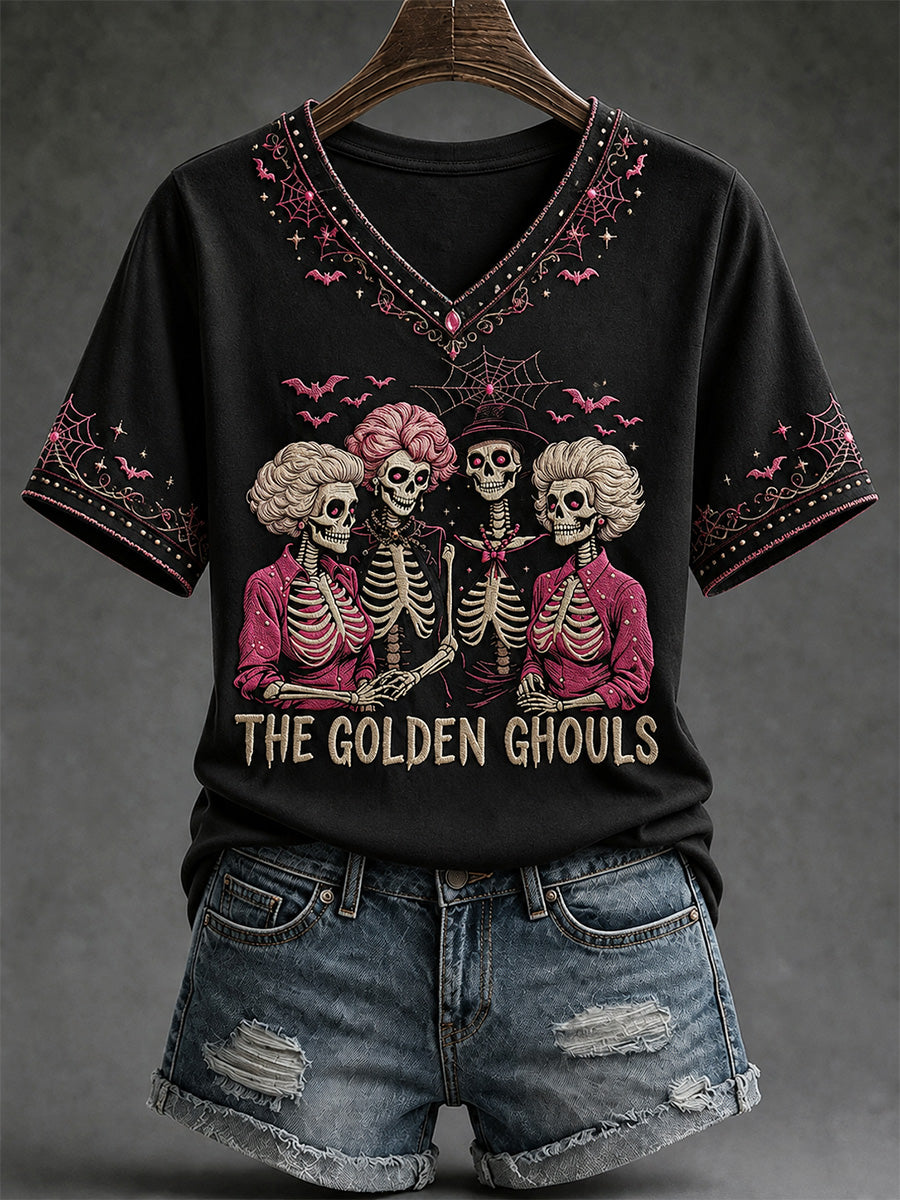 Women's The Golden Ghouls Print Casual V-Neck Tee