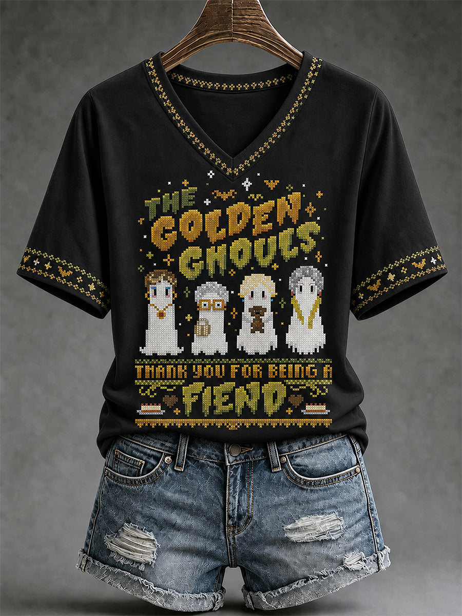 Women's The Golden Ghouls Print Casual V-Neck Tee