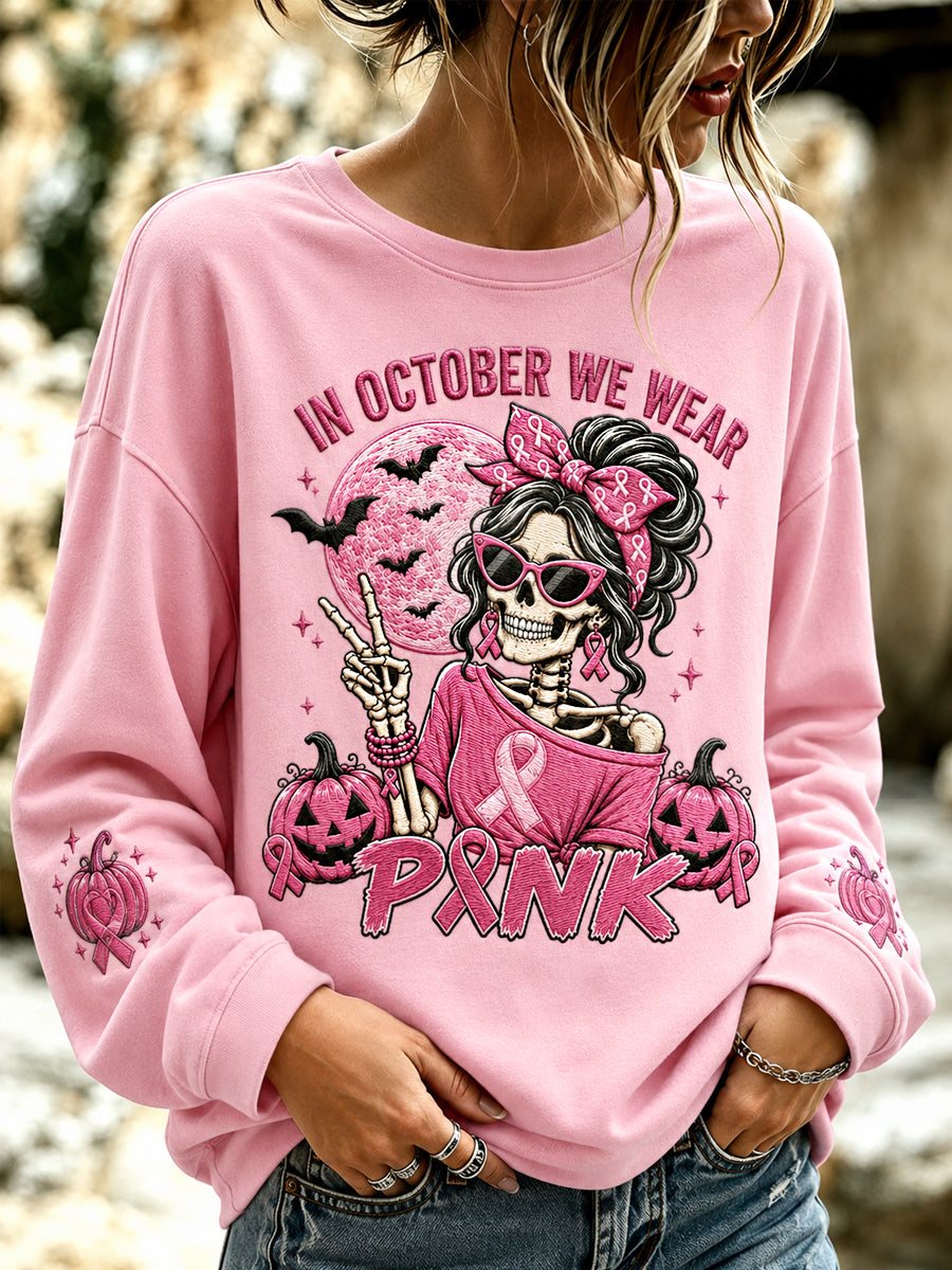 Women's In October We Wear Pink Halloween Pink Skeleton Print Breast Cancer Awareness Support Sweatshirt