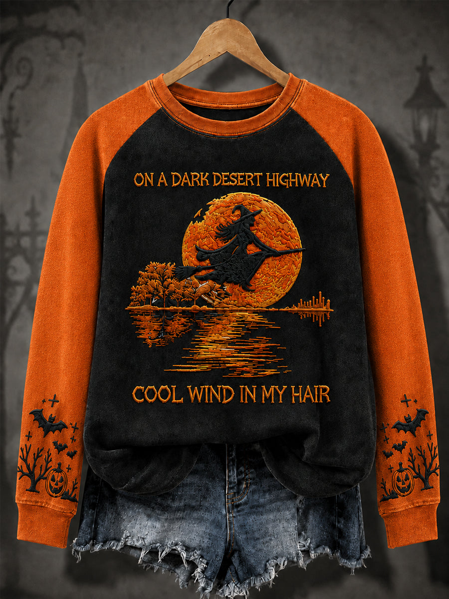 Women's Halloween Witch Pumpkin Bat Long Sleeve Sweatshirt