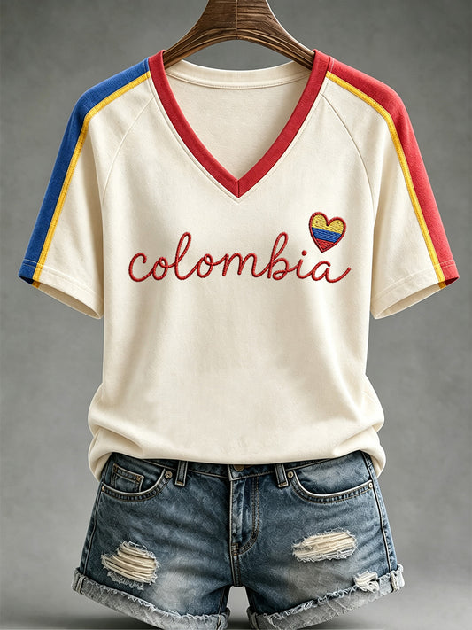 Women's Colombia Strong Print  Casual V-Neck Tee