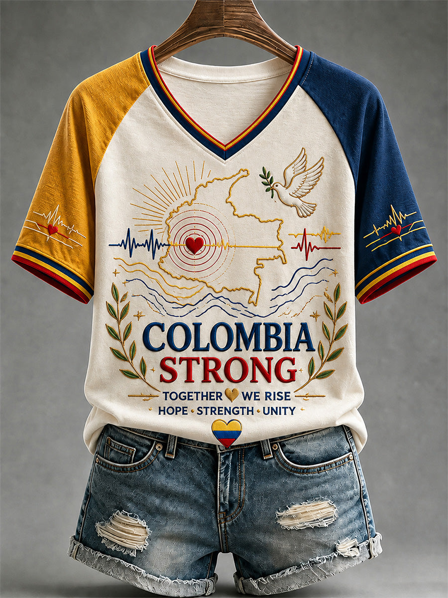 Women's Colombia Strong Print  Casual V-Neck Tee