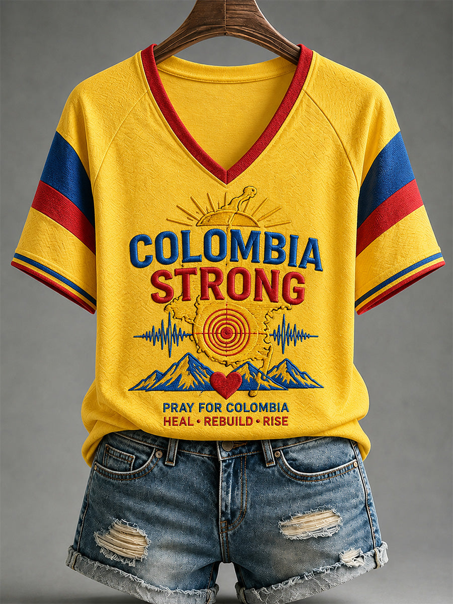 Women's Colombia Strong Print  Casual V-Neck Tee